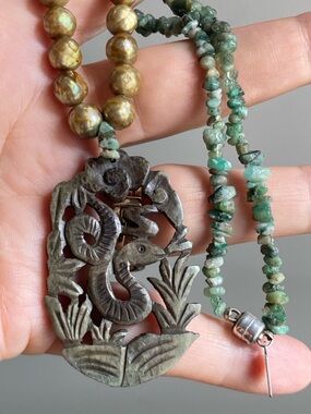 Rapz Canada Snake Serpent Necklace Carved Stone Pearls Magnetic Clasp